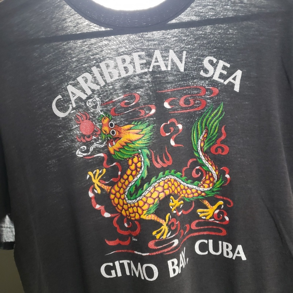 Vintage 80s Paper Thin Signal Shirt L/XL Black Gitmo Bay Cuba Dragon Souvenir